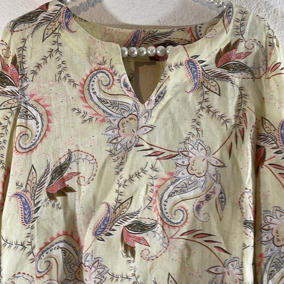 J.Jill Floral Paisley 3/4 Sleeve Tunic Love Linen Tie-Sleeve Blouse Small Petite - Picture 4 of 13